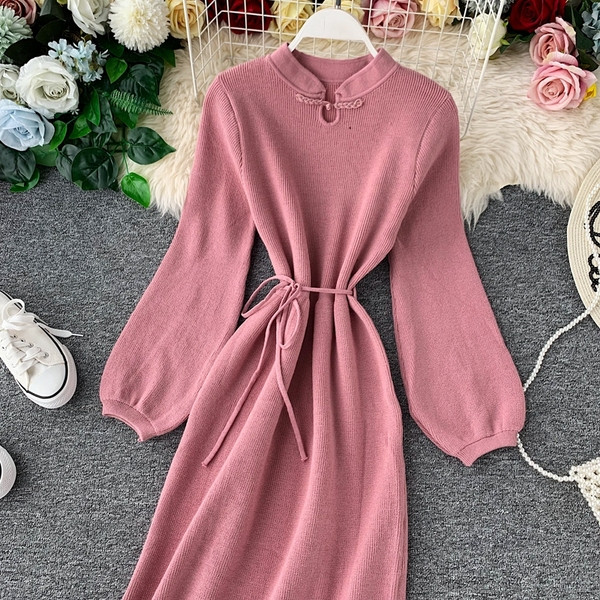 Есенна дамска рокля от тънко плетиво и връзки на талията в няколко цвята