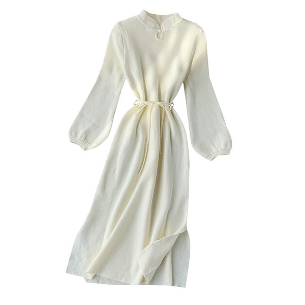 Есенна дамска рокля от тънко плетиво и връзки на талията в няколко цвята