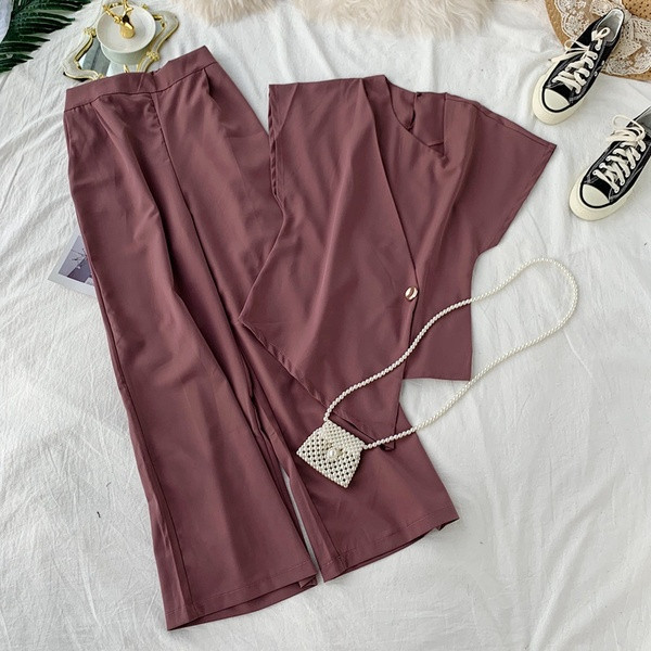 Стилен дамски комплект включващ блуза и широк панталон в четири цвята 