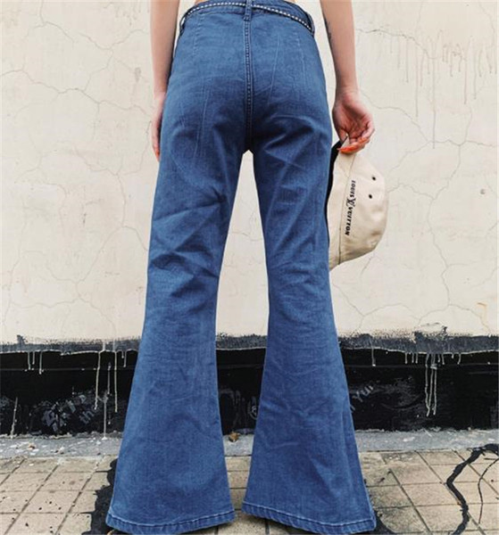 Модерни дамски дълги дънки с цепка и копчета в син цвят