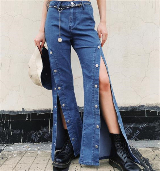 Модерни дамски дълги дънки с цепка и копчета в син цвят