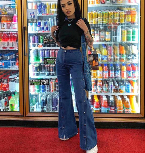 Модерни дамски дълги дънки с цепка и копчета в син цвят