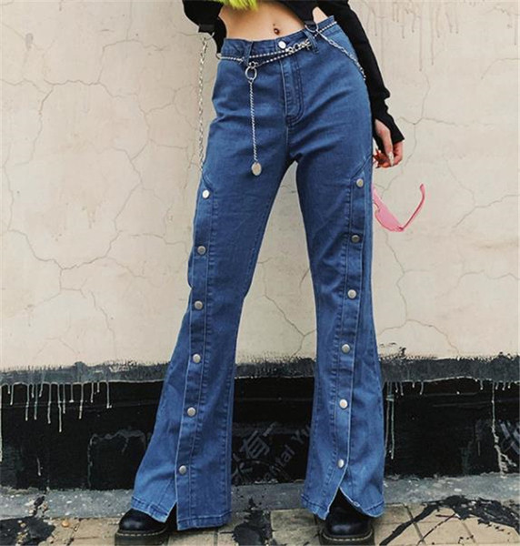 Модерни дамски дълги дънки с цепка и копчета в син цвят