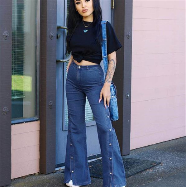 Модерни дамски дълги дънки с цепка и копчета в син цвят