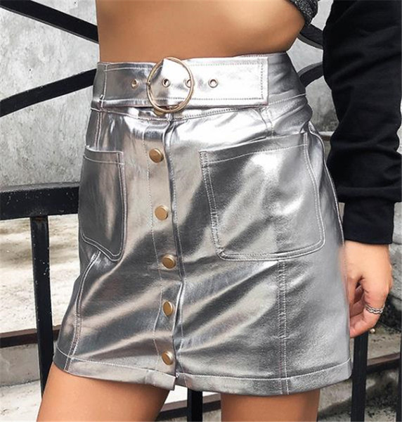 Дамска модерна пола с висока талия и колан в сребрист цвят