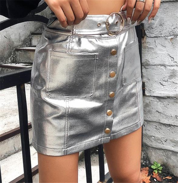 Дамска модерна пола с висока талия и колан в сребрист цвят