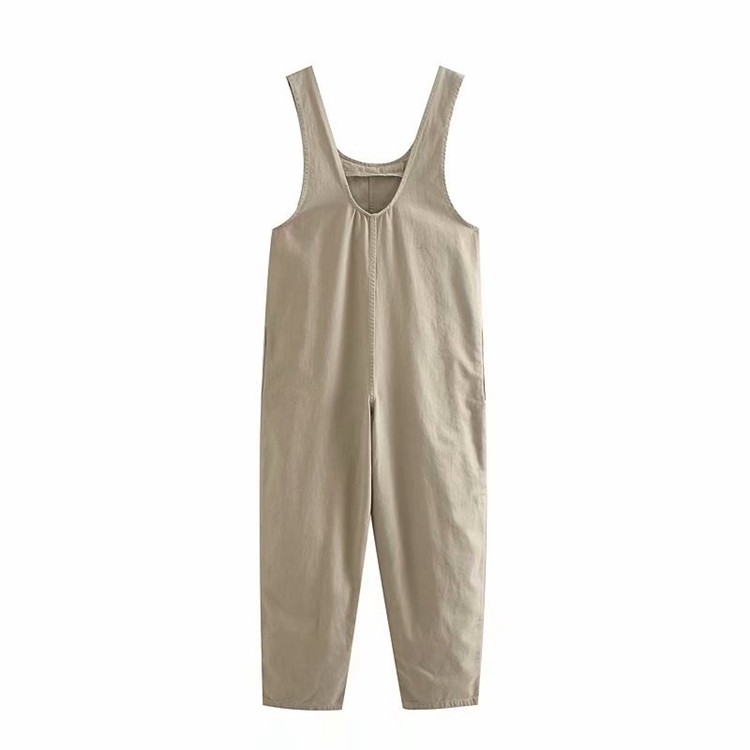 Дамски ежедневен дълъг гащеризон с презрамки в бежов цвят