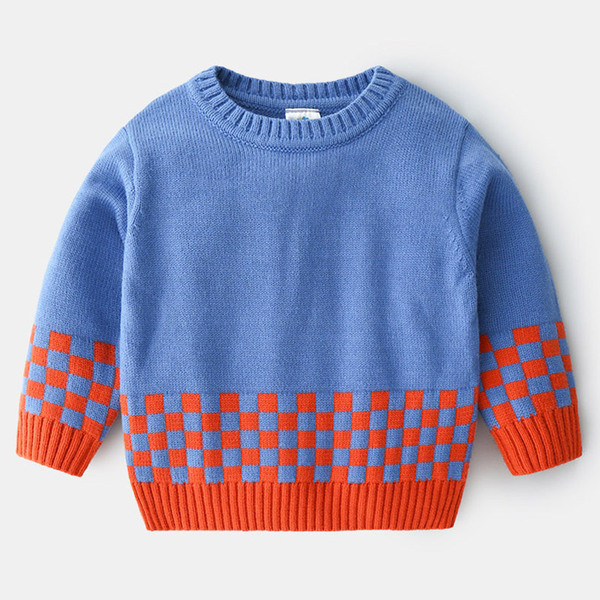 Актуален детски пуловер за момчета в син цвят с шарка
