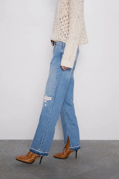 Дамски широки дънки със стандартна талия в син цвят 