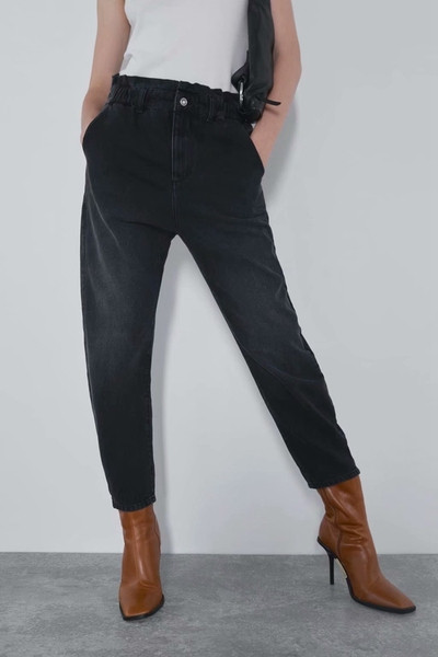 дамски дънки с висока ластична талия в тъмен цвят