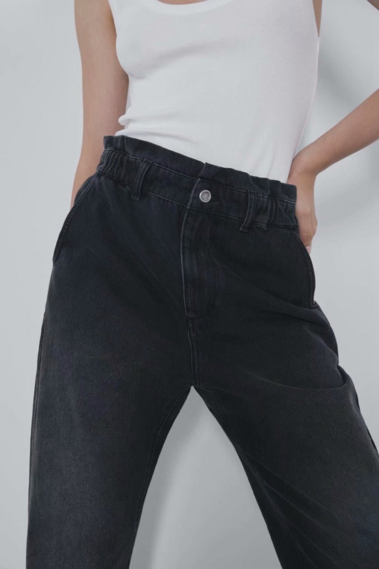 дамски дънки с висока ластична талия в тъмен цвят