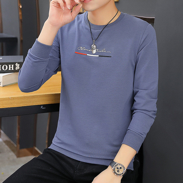 Модерна мъжка блуза в три цвята с бродерия и О-образно деколте