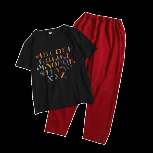 Дамски ежедневен комплект - тениска с надписи и панталон с еластична талия