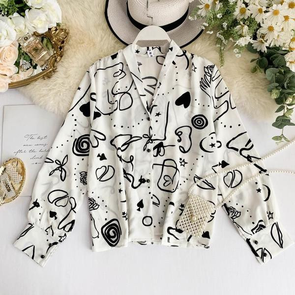 Модерна дамска риза с дълъг ръкав и копчета в бял и черен цвят