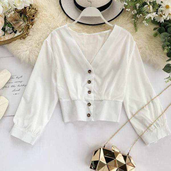 Модерна дамска риза с дълбоко деколте и копчета с 3/4 ръкав