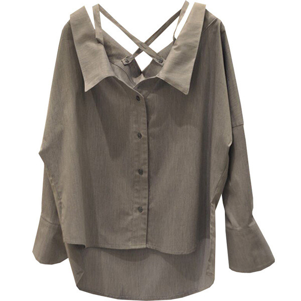 Дамска риза асиметричен модел в сив цвят 