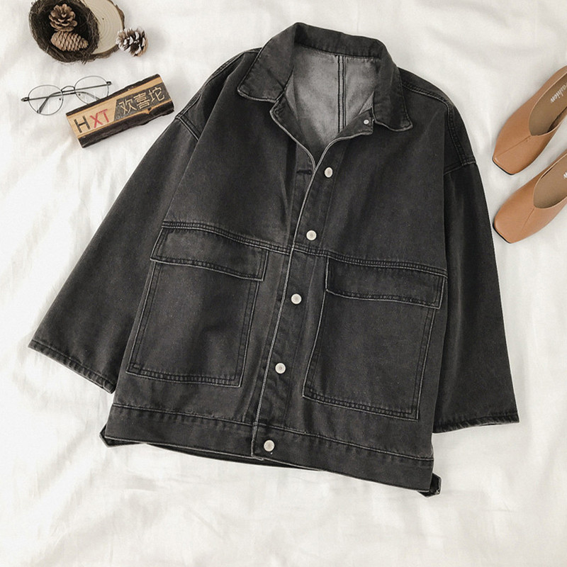 Jachetă casual de damă din denim cu buzunare în albastru și negru