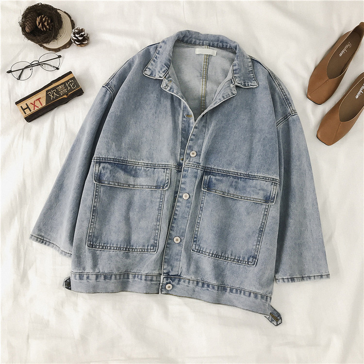 Jachetă casual de damă din denim cu buzunare în albastru și negru