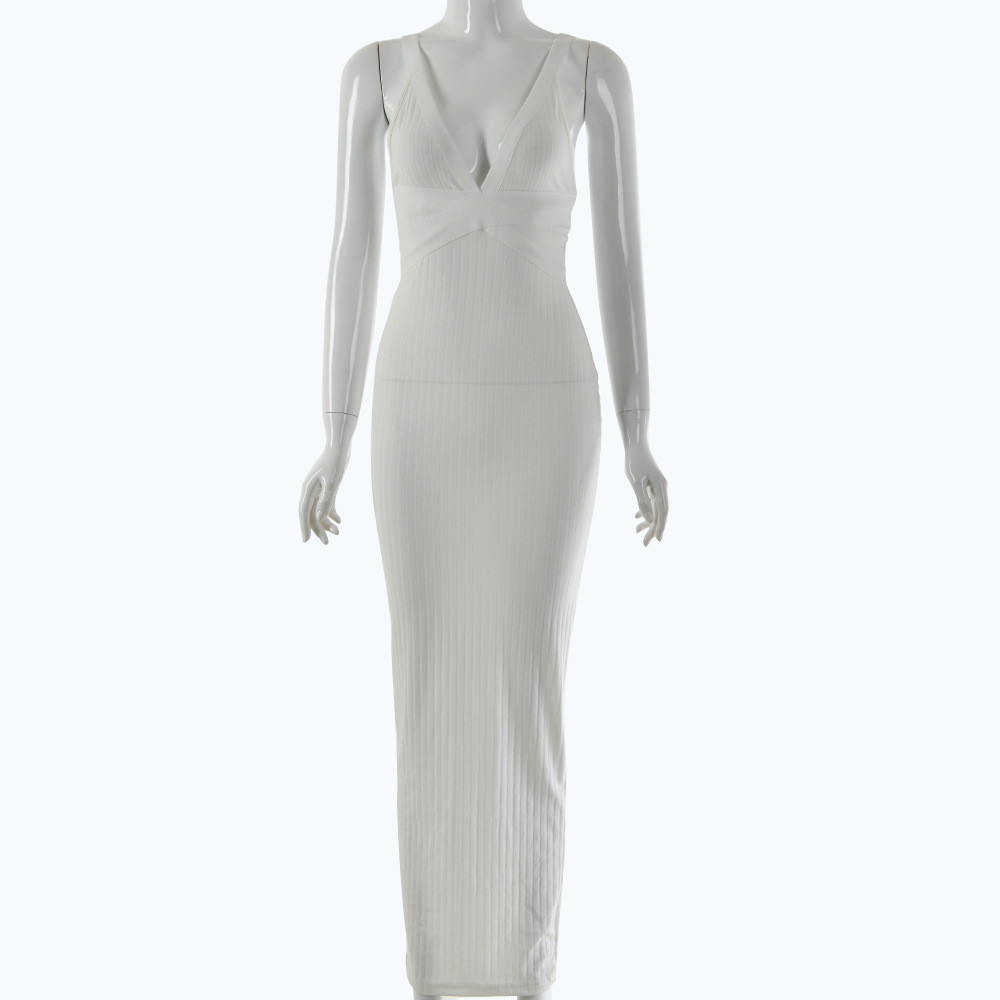 Rochie lungă de damă elegantă cu decolteu în V în roz și alb
