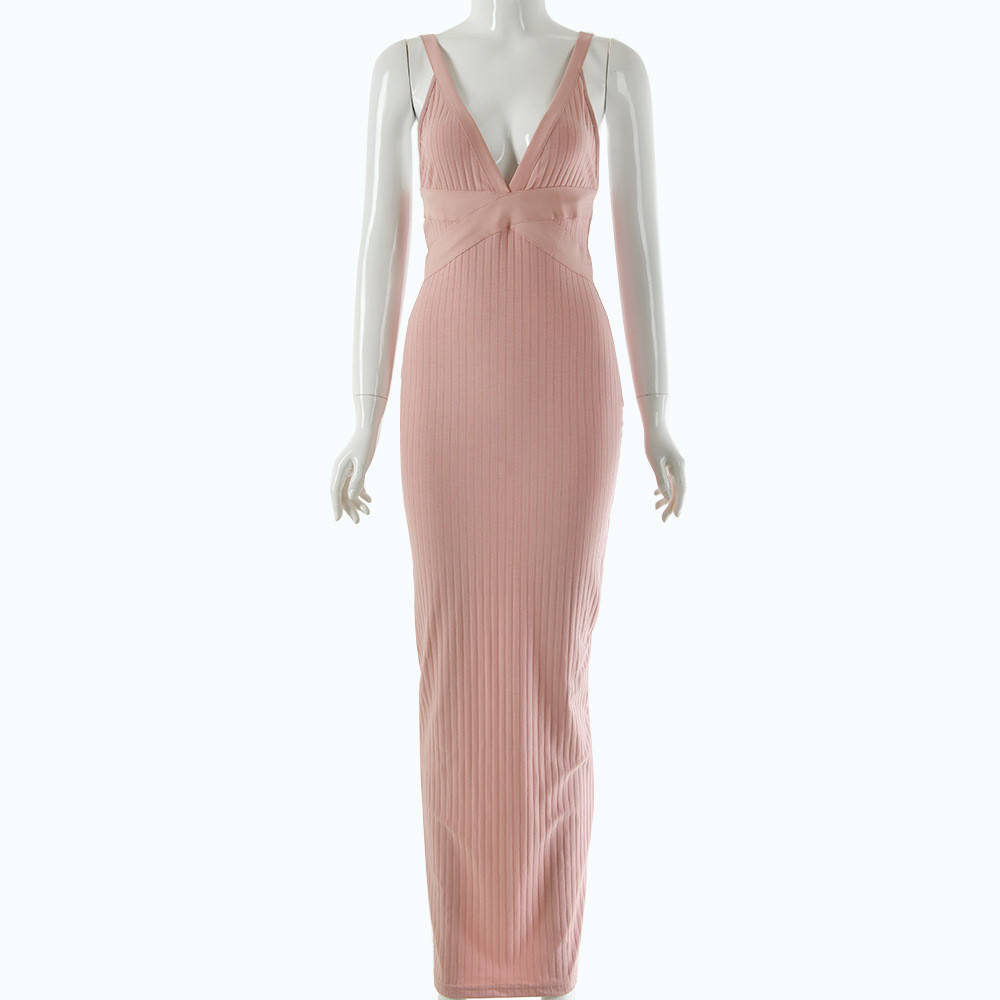 Rochie lungă de damă elegantă cu decolteu în V în roz și alb
