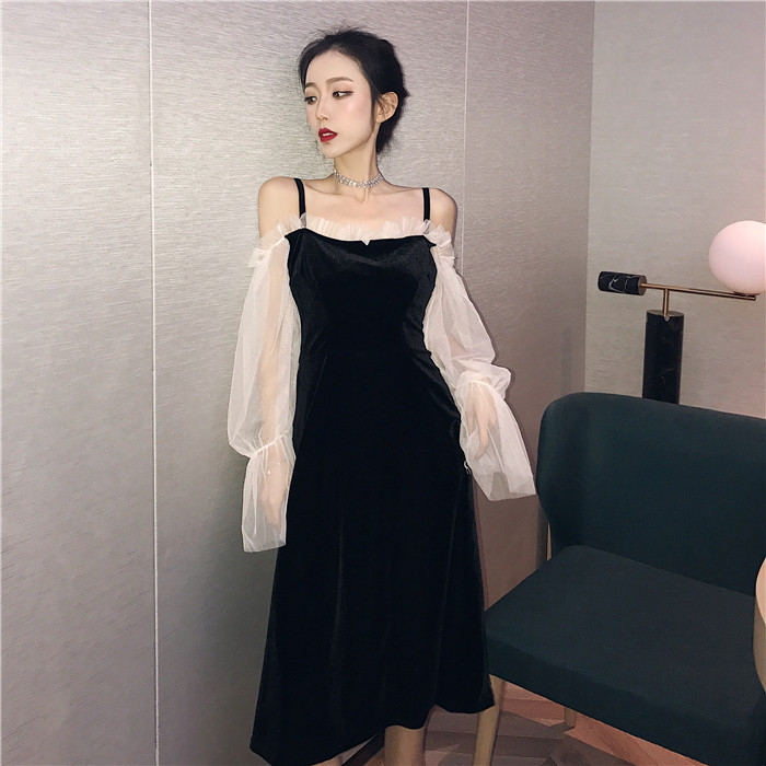 Rochie de dama actuala din catifea cu maneci sigilate