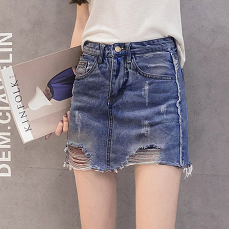 Fusta de dama actuala din denim in doua culori motive rupte