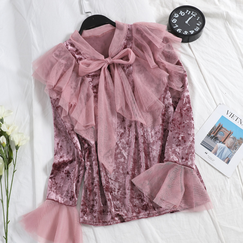 Γυναικείο πουκάμισο βελούδινο  με τούλι σε διάφορα χρώματα