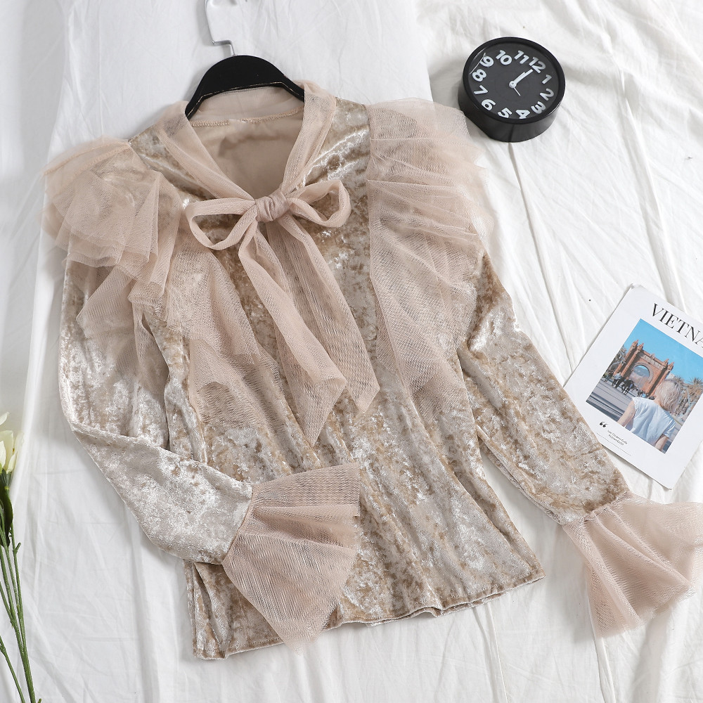 Γυναικείο πουκάμισο βελούδινο  με τούλι σε διάφορα χρώματα