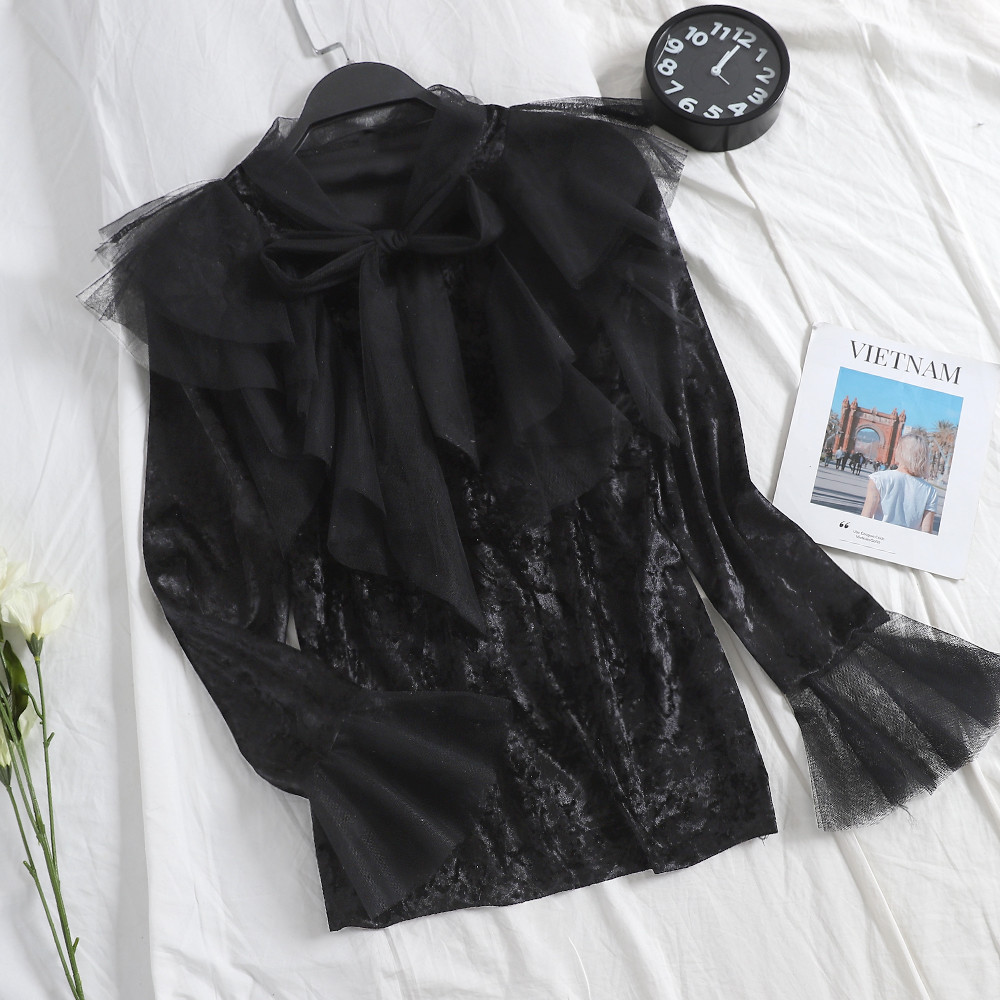 Γυναικείο πουκάμισο βελούδινο  με τούλι σε διάφορα χρώματα