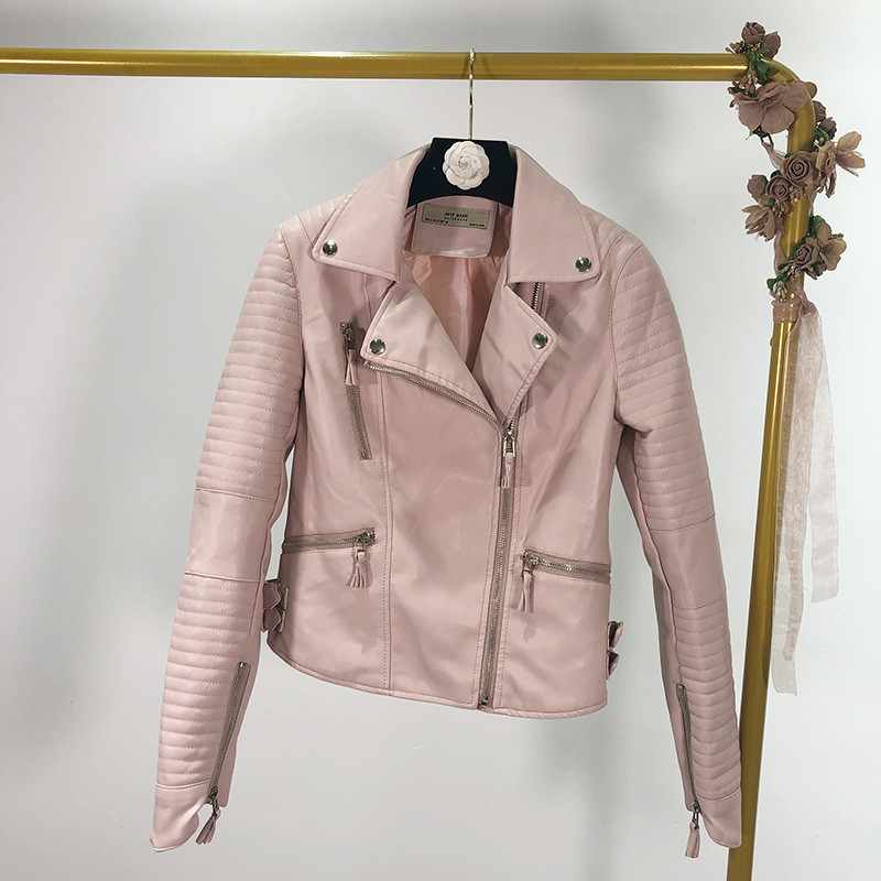 Öko bőrből készült modern női kabát piros, rózsaszín és fekete színben