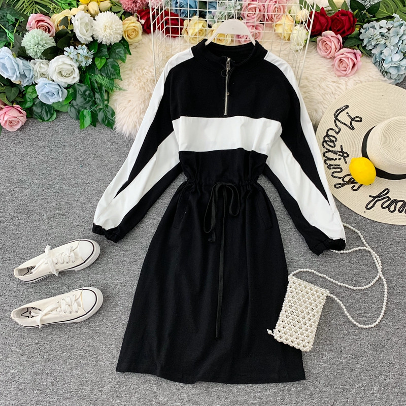 Alkalmi női ruha hosszú ujjú, derékkötővel, fekete és szürke színben