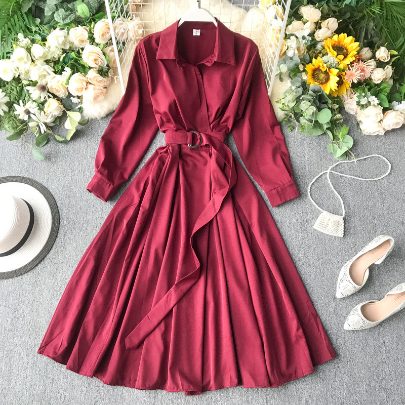 Γυναικείο φόρεμα με ζώνη και μακρύ μανίκι σε διάφορα χρώματα