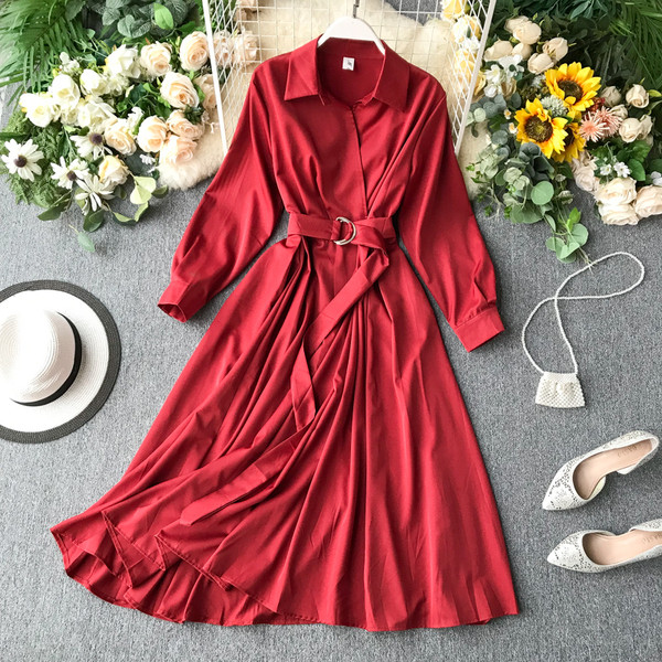 Γυναικείο φόρεμα με ζώνη και μακρύ μανίκι σε διάφορα χρώματα