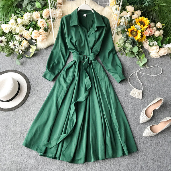 Γυναικείο φόρεμα με ζώνη και μακρύ μανίκι σε διάφορα χρώματα