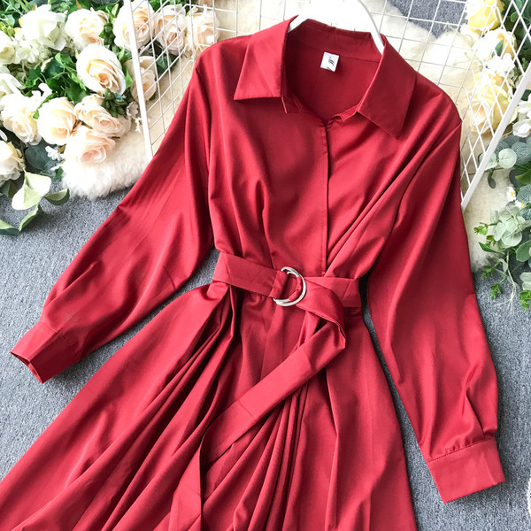 Γυναικείο φόρεμα με ζώνη και μακρύ μανίκι σε διάφορα χρώματα