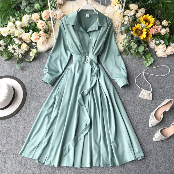 Γυναικείο φόρεμα με ζώνη και μακρύ μανίκι σε διάφορα χρώματα