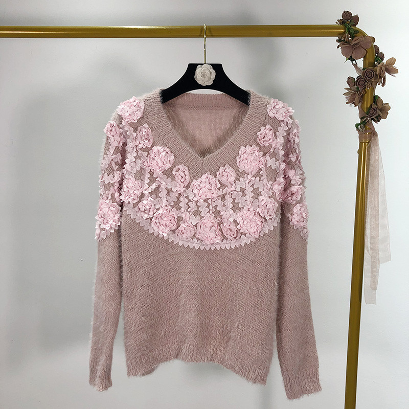 Női alkalmi pulóver 3D elemmel és spitz nyakkivágással három színben