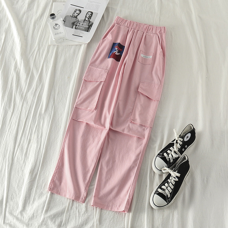 Pantaloni de dama la moda in negru si roz cu aplicatie