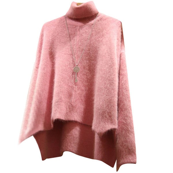 Aktuális női téli pulóver aszimmetrikus modell rózsaszín színben