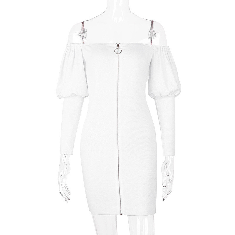 Γυναικείο φόρεμα  για το φφθινοπώρουΛεπτό σχέδιο φερμουάρ με μακρύ μανίκι σε λευκό και καφέ χρώμα