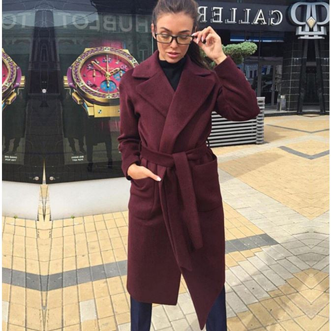 Modern női hosszú kabát zsebbel és nyakkendővel négy színben