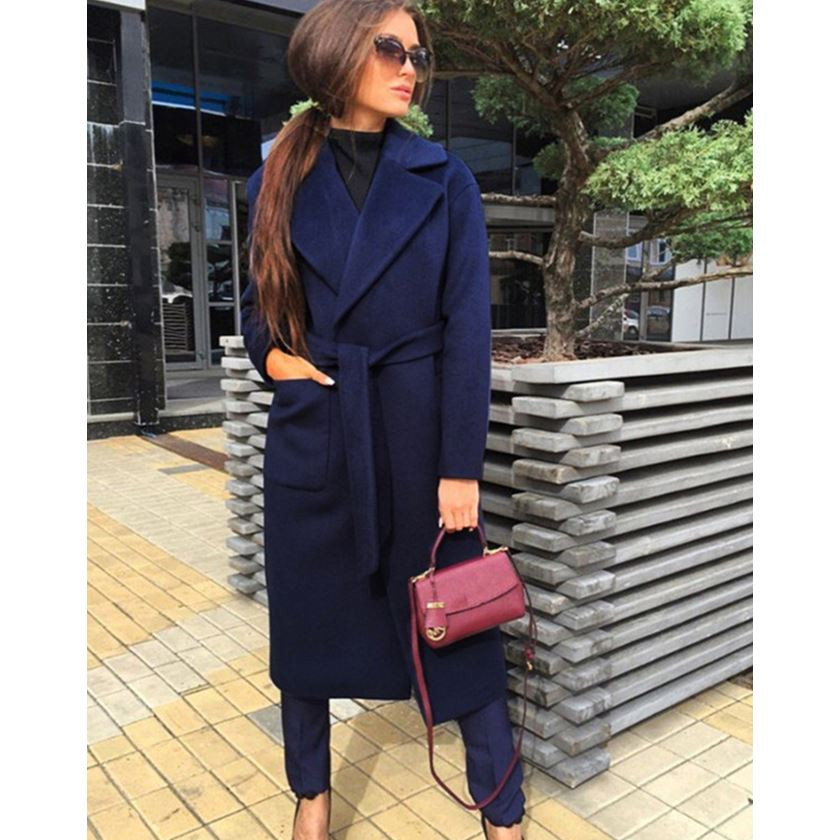 Modern női hosszú kabát zsebbel és nyakkendővel négy színben