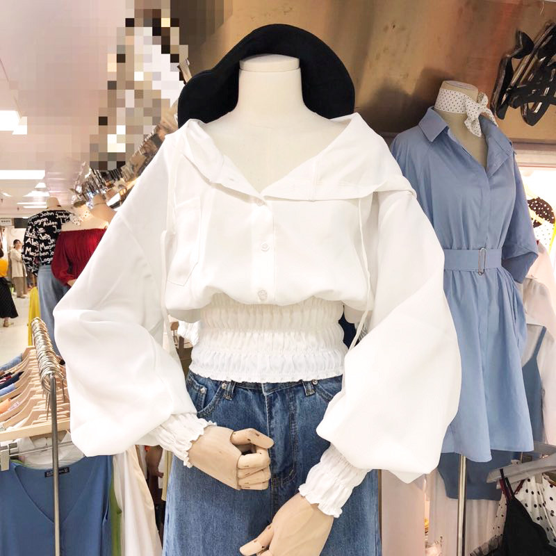 Modern női blúz elasztikus derékkal, fehér színben