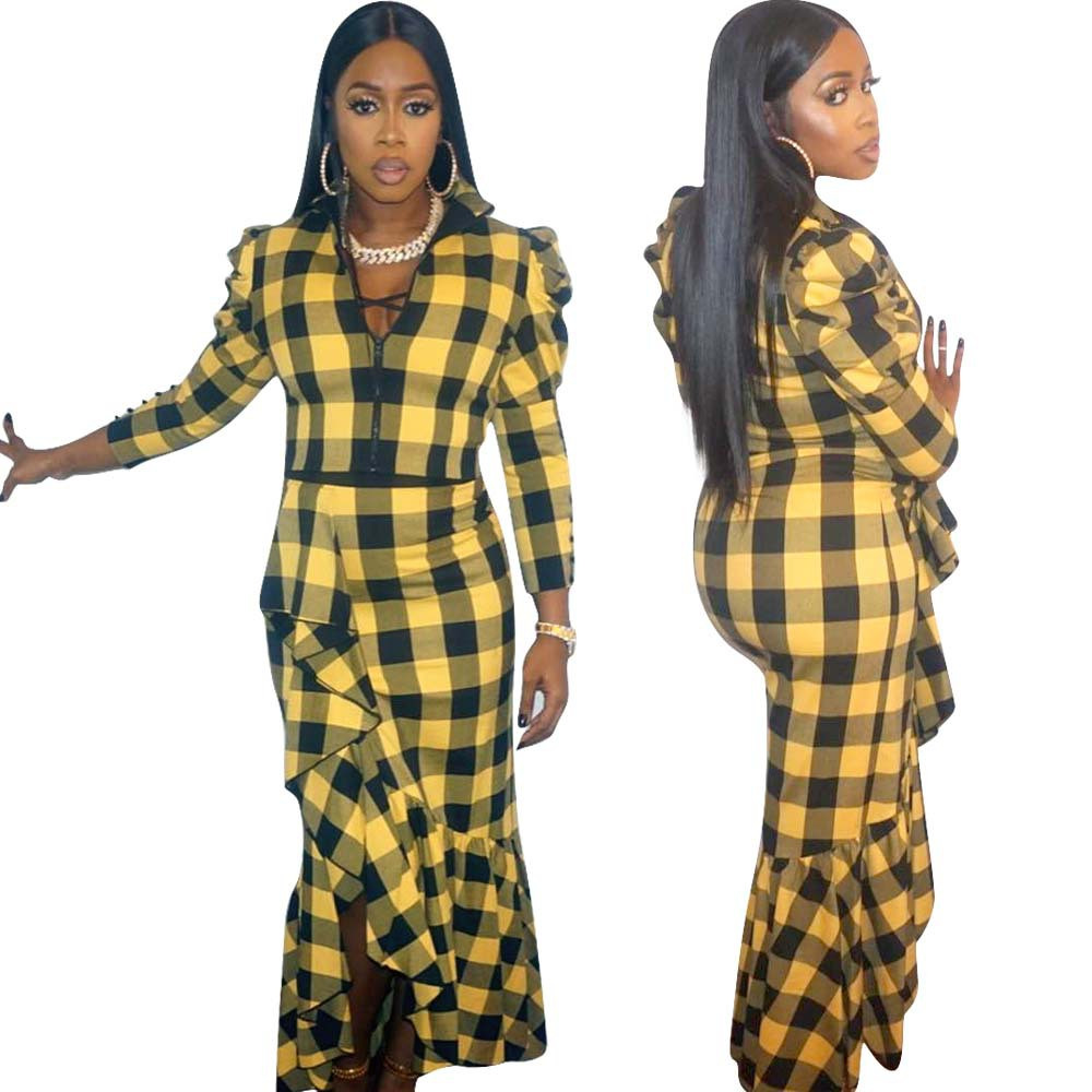 Modern női kockás ruha hosszú ujjú sárga színben
