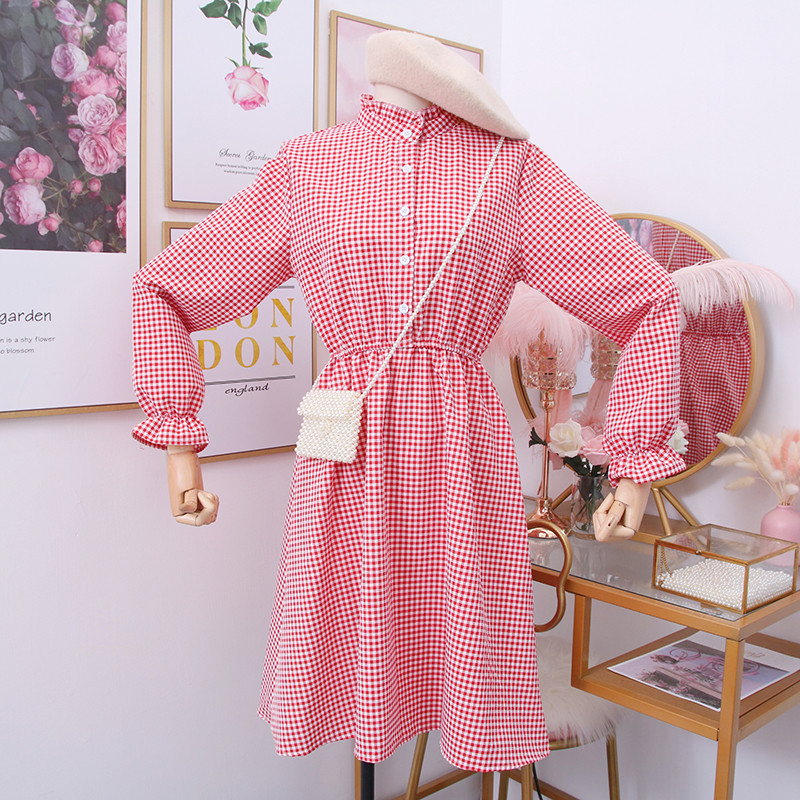 Új modell női kockás ruha polo gallérral és gombokkal több színben