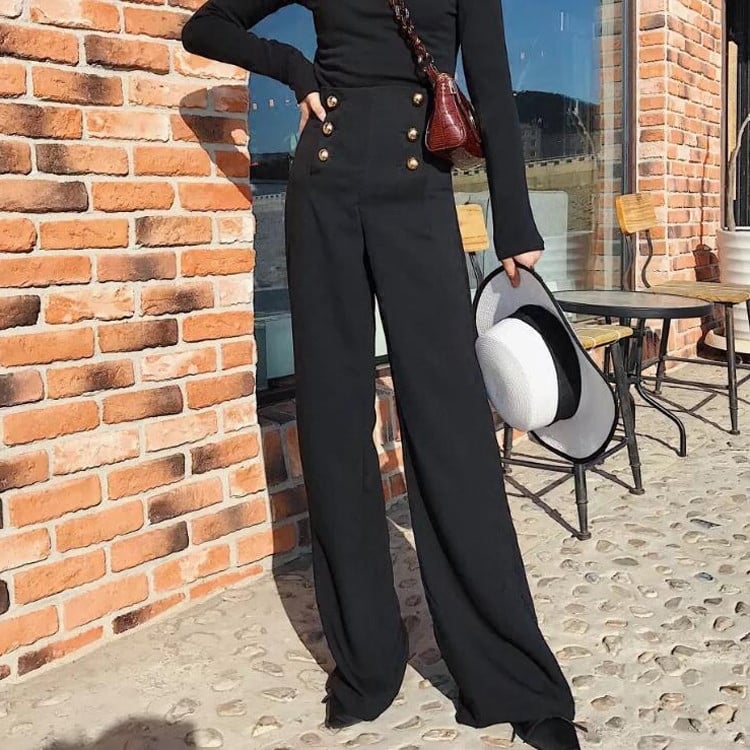 Стилен дамски прав панталон с висока талия в черен цвят