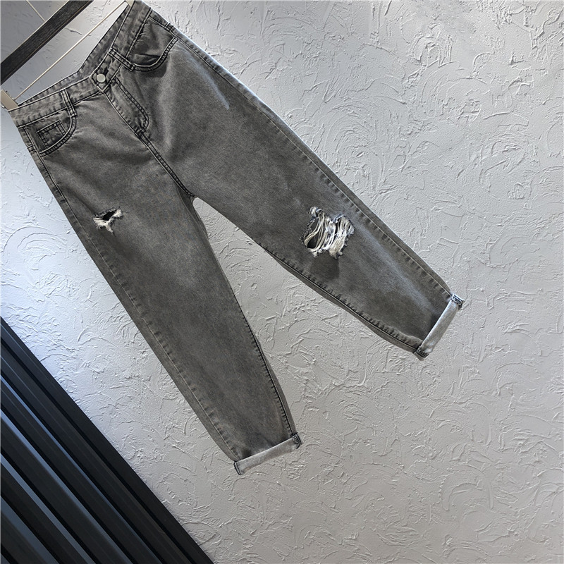 Blugi casual de dama cu motiv rupt si talie inalta