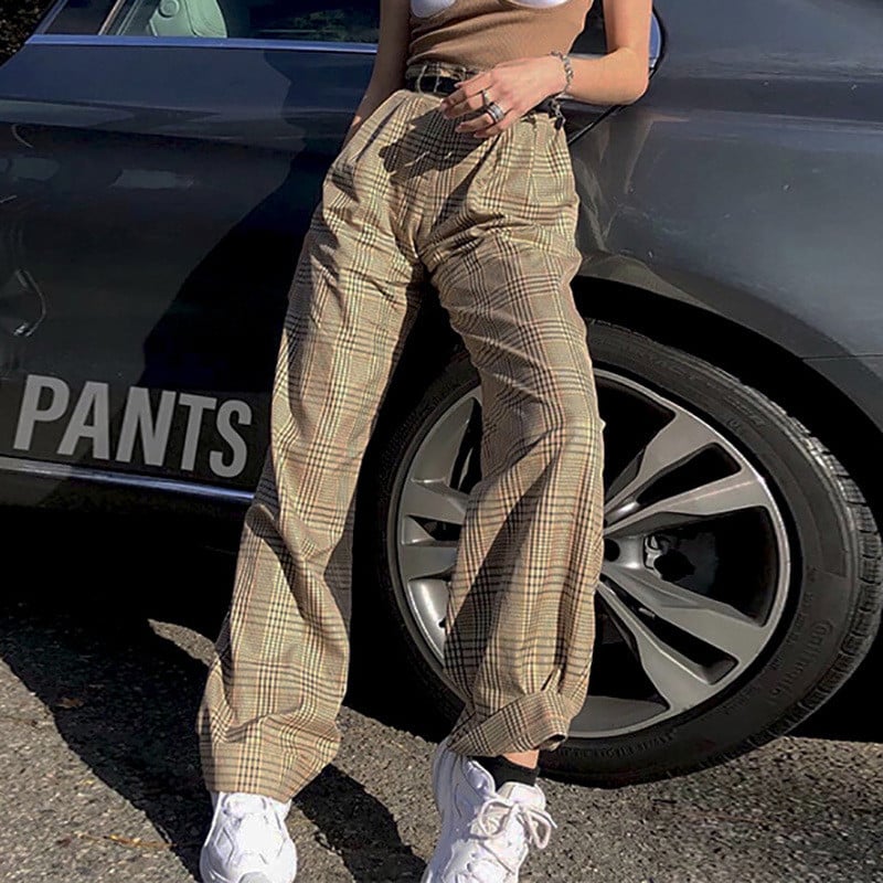 Дамски  кариран панталон с висока  талия 