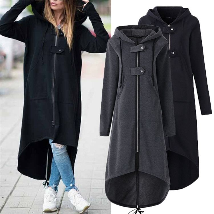 Modern women`s long sweatshirt with zipper and hood in several colors