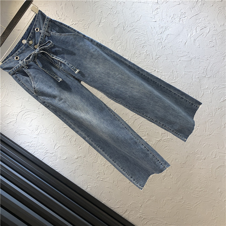 Modern női hosszú farmer széles modell magas derékkal és fűzővel